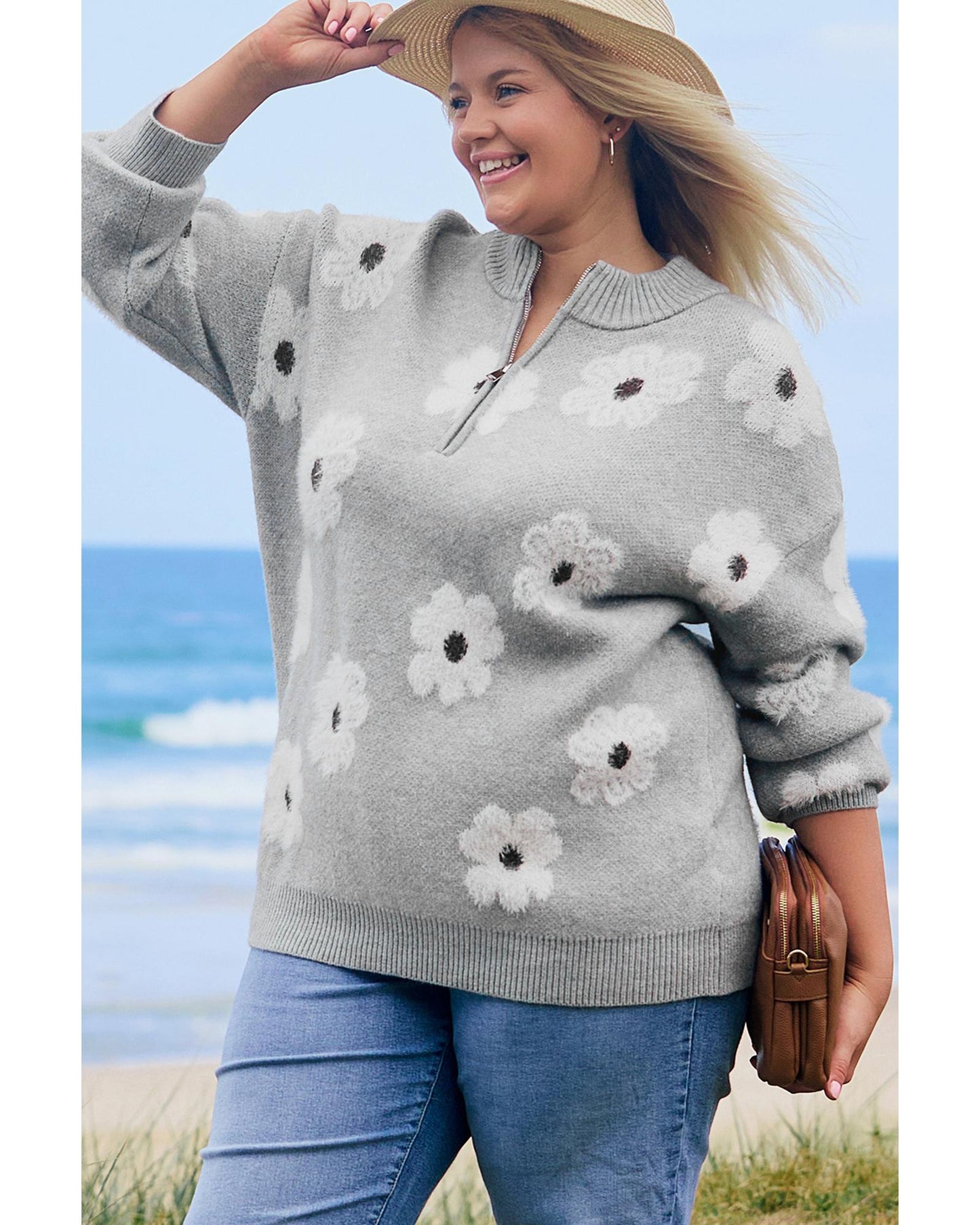 Plus Size Embroidered Floral Half Zip Sweater