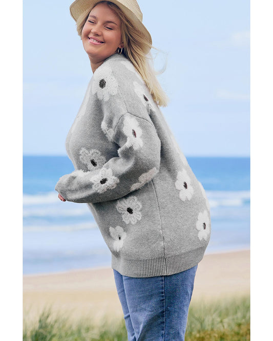 Plus Size Embroidered Floral Half Zip Sweater