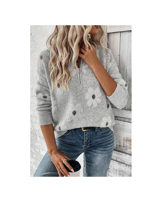 Plus Size Embroidered Floral Half Zip Sweater