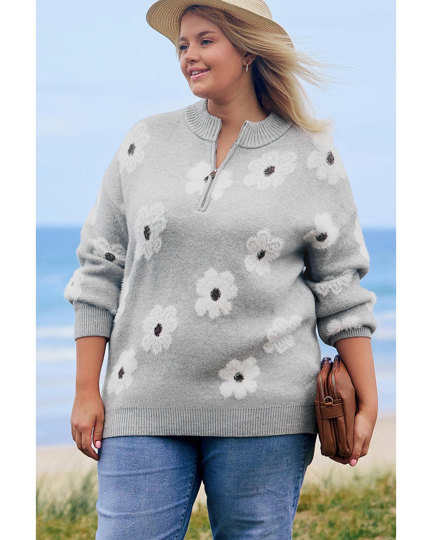 Plus Size Embroidered Floral Half Zip Sweater
