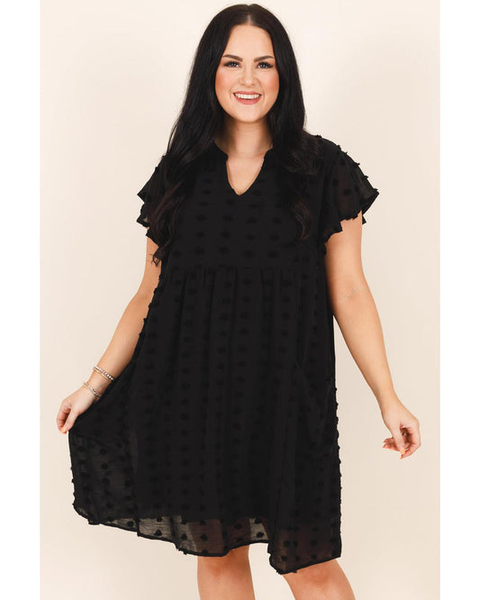 Black Dotty Textured Notched Neck Plus Ruffled Dress - 1X