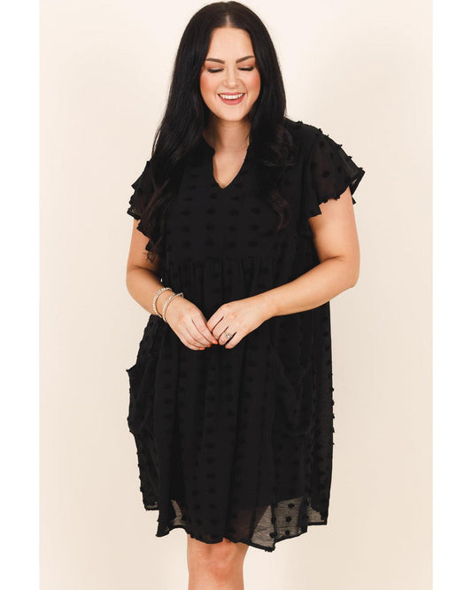 Black Dotty Textured Notched Neck Plus Ruffled Dress - 2X