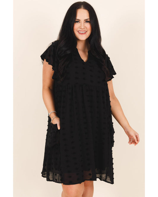 Black Dotty Textured Notched Neck Plus Ruffled Dress - 2X