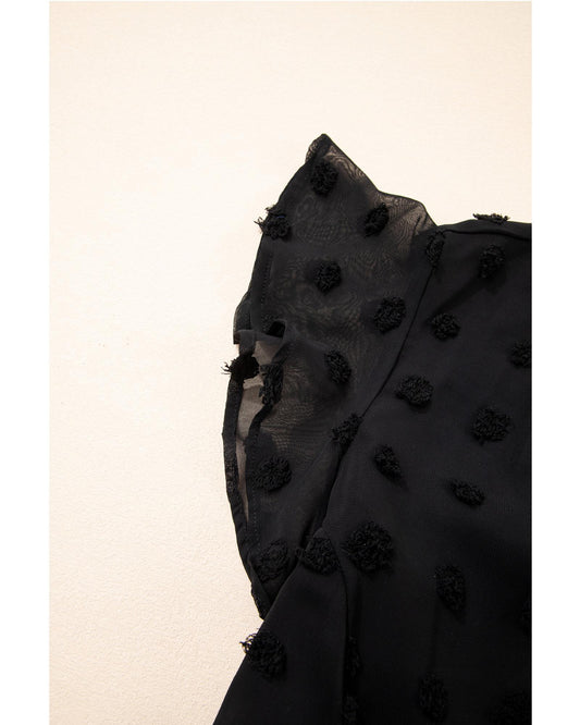Black Dotty Textured Notched Neck Plus Ruffled Dress - 2X