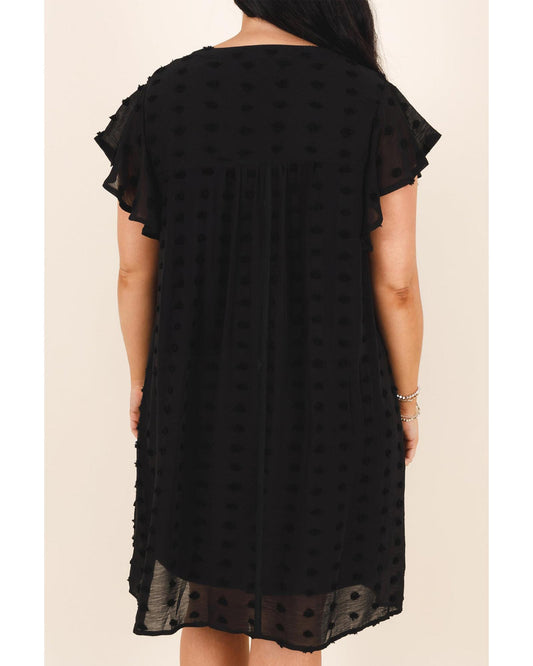 Black Dotty Textured Notched Neck Plus Ruffled Dress - 3X
