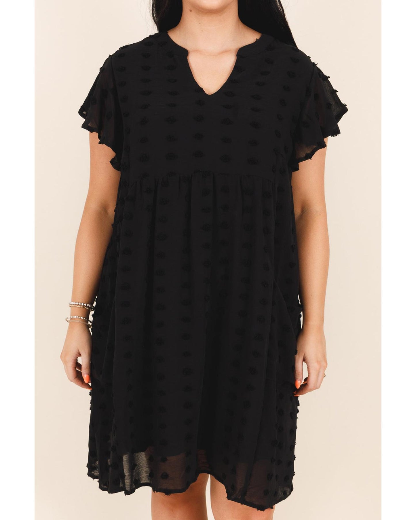Black Dotty Textured Notched Neck Plus Ruffled Dress - 3X