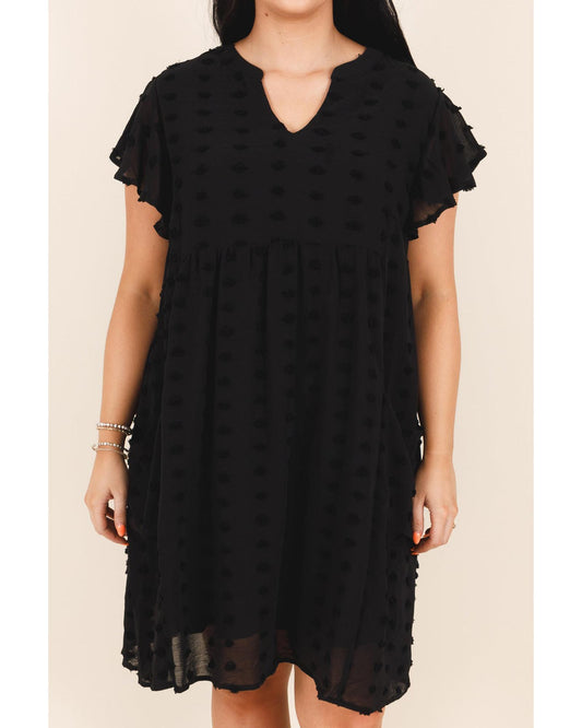 Black Dotty Textured Notched Neck Plus Ruffled Dress - 3X