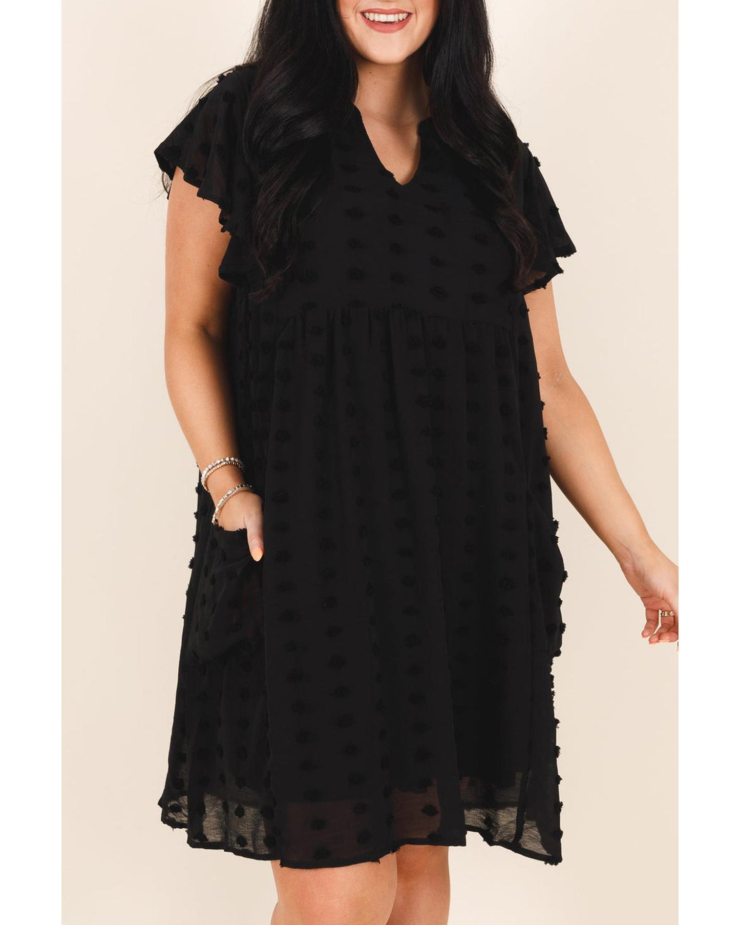 Black Dotty Textured Notched Neck Plus Ruffled Dress - 4X