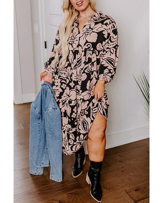 Black Plus Size Floral Printed Puff Sleeve Collared Maxi Dress - 1X