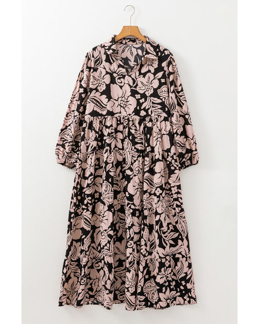 Black Plus Size Floral Printed Puff Sleeve Collared Maxi Dress - 1X