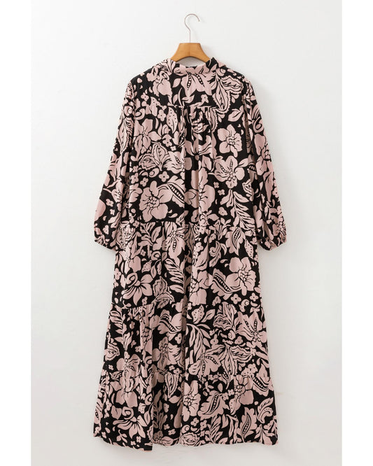 Black Plus Size Floral Printed Puff Sleeve Collared Maxi Dress - 1X