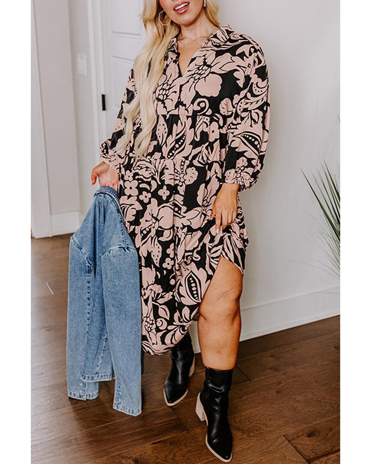 Black Plus Size Floral Printed Puff Sleeve Collared Maxi Dress - 4X