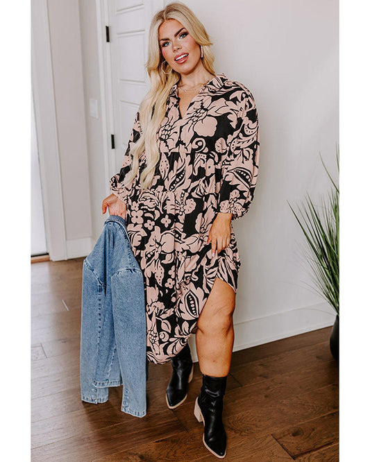 Black Plus Size Floral Printed Puff Sleeve Collared Maxi Dress - 4X
