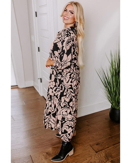 Black Plus Size Floral Printed Puff Sleeve Collared Maxi Dress - 4X