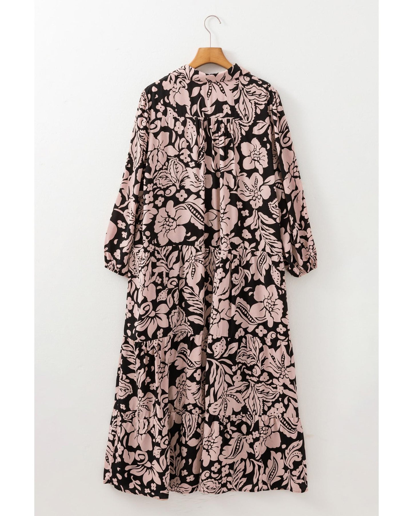 Black Plus Size Floral Printed Puff Sleeve Collared Maxi Dress - 4X