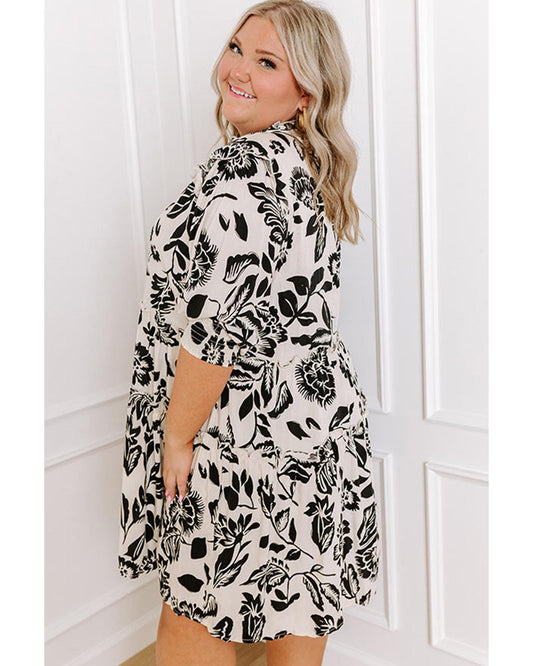 Black Floral Print Tiered Frilled Half Sleeve Plus Size Mini Dress - 2X