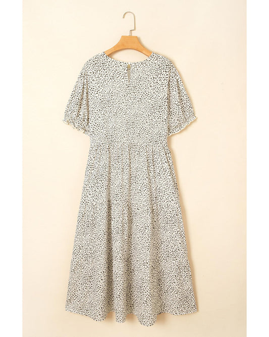 Beige Plus Size Leopard Print Frill Trim Short Sleeve Flared Dress - 3X
