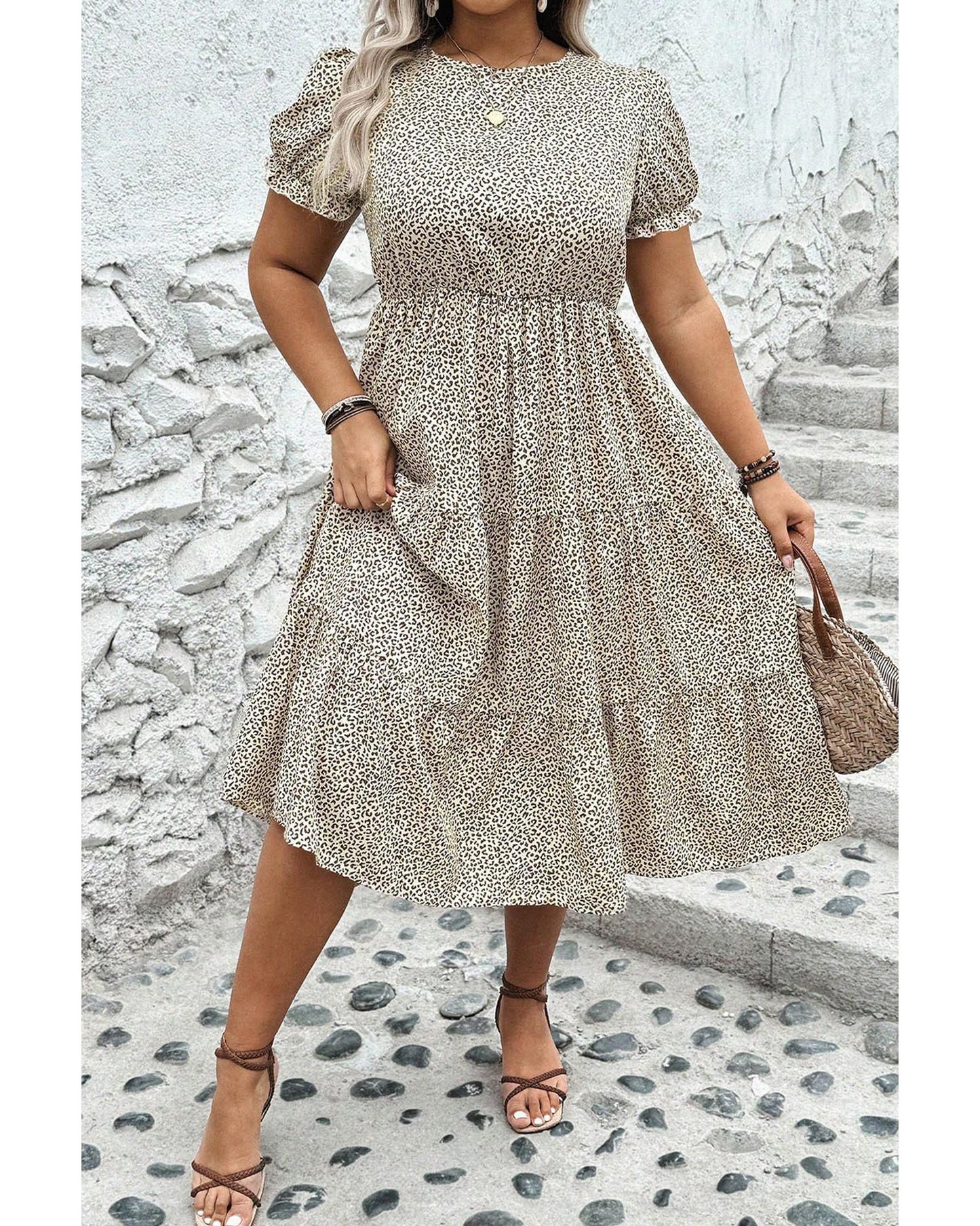 Beige Plus Size Leopard Print Frill Trim Short Sleeve Flared Dress - 4X