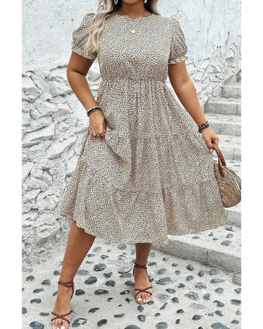 Beige Plus Size Leopard Print Frill Trim Short Sleeve Flared Dress - 4X