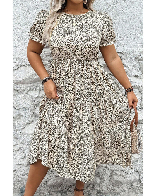 Beige Plus Size Leopard Print Frill Trim Short Sleeve Flared Dress - 4X