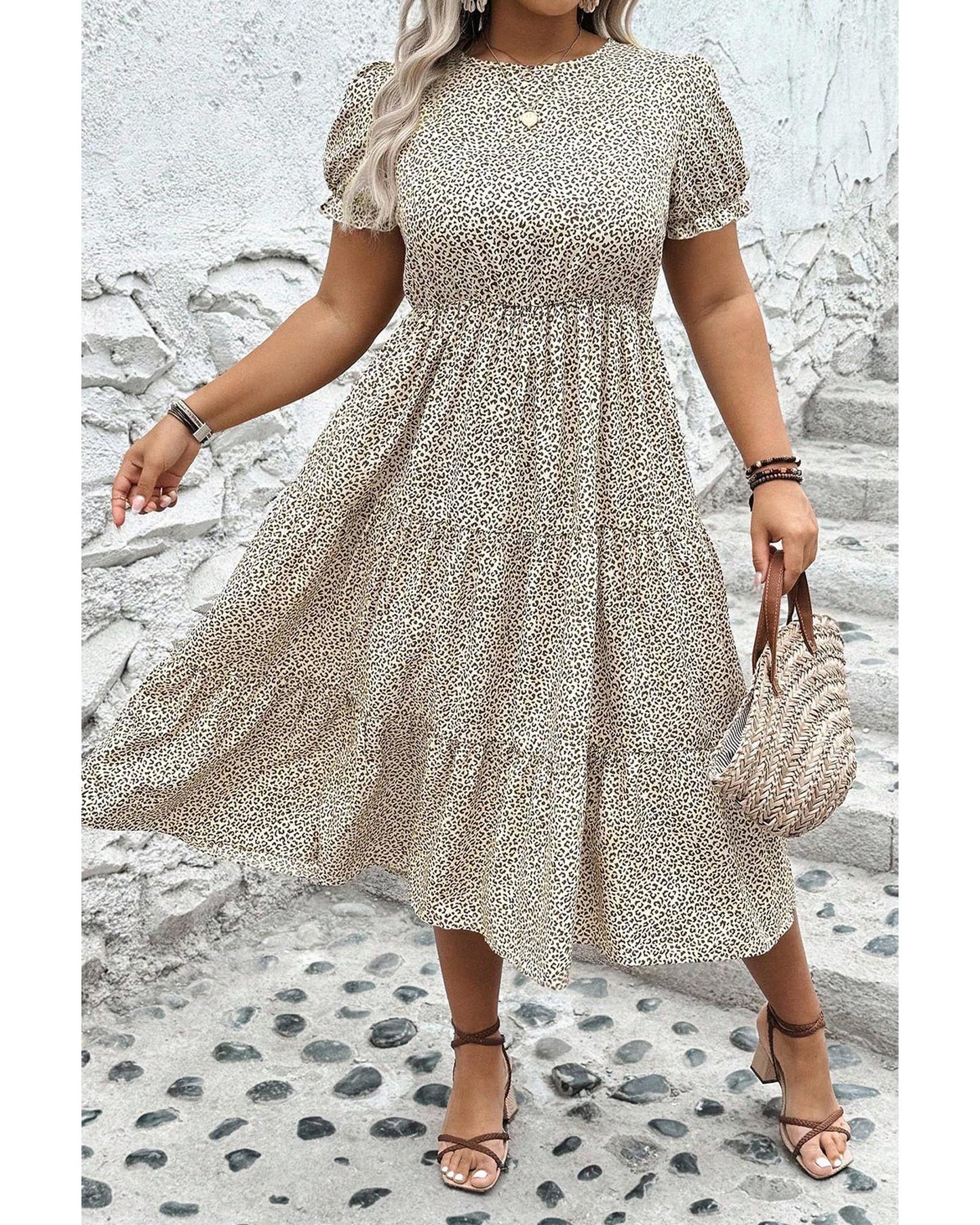 Beige Plus Size Leopard Print Frill Trim Short Sleeve Flared Dress - 4X