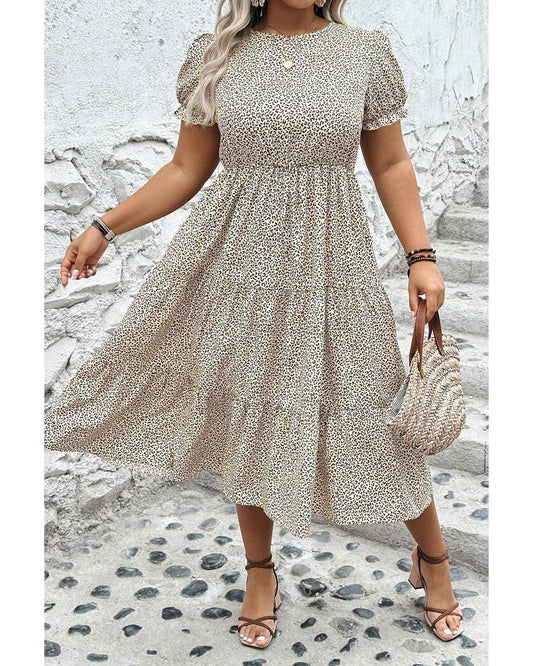 Beige Plus Size Leopard Print Frill Trim Short Sleeve Flared Dress - 4X