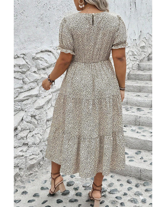 Beige Plus Size Leopard Print Frill Trim Short Sleeve Flared Dress - 4X
