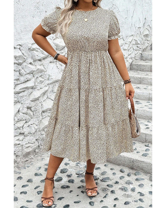 Beige Plus Size Leopard Print Frill Trim Short Sleeve Flared Dress - 4X