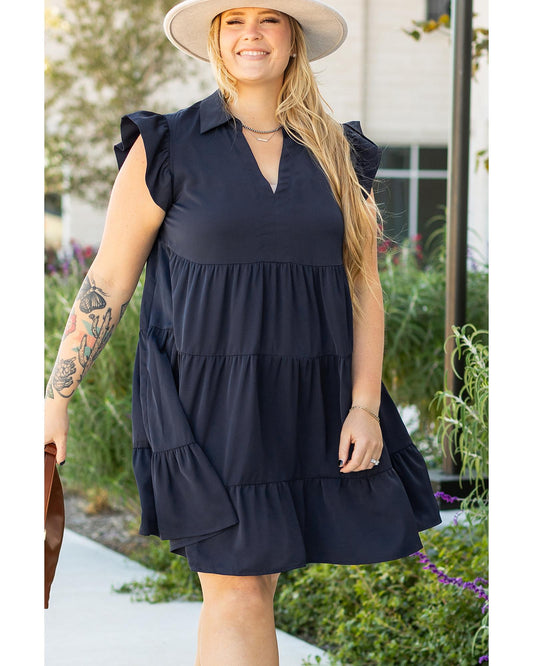 PLUS SIZE Collared V-Neck Flutter Sleeve Tiered Dress