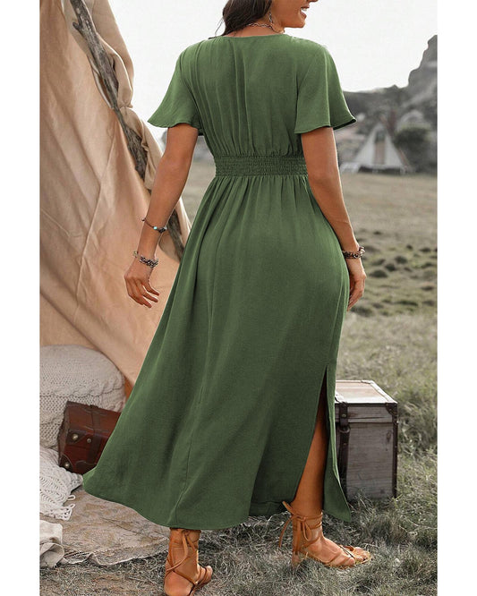 Four Leaf Clover Surplice Neckline Shirred High Waist Plus Size Maxi Dress - 4X