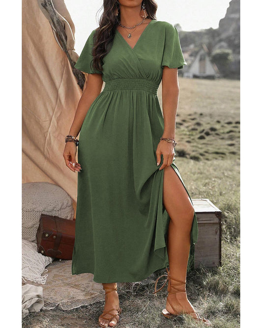 Four Leaf Clover Surplice Neckline Shirred High Waist Plus Size Maxi Dress - 4X