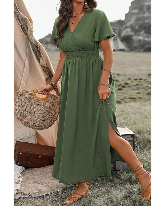 Four Leaf Clover Surplice Neckline Shirred High Waist Plus Size Maxi Dress - 4X