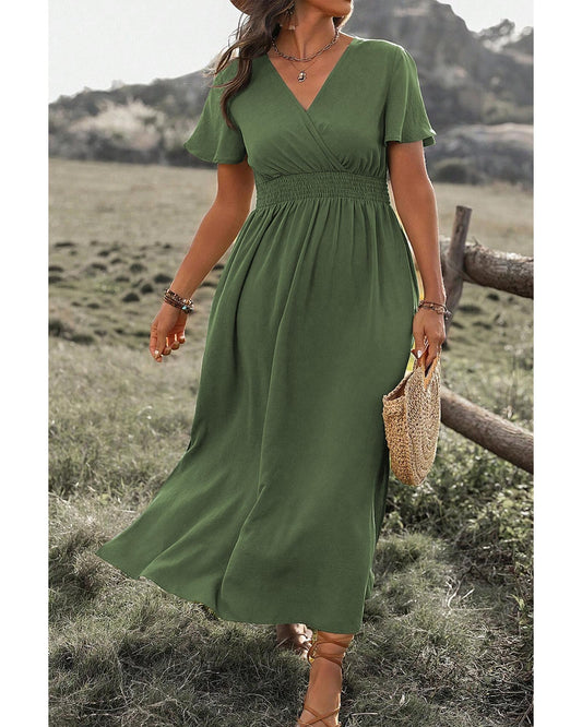 Four Leaf Clover Surplice Neckline Shirred High Waist Plus Size Maxi Dress - 4X