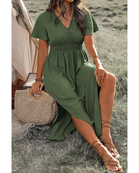 Four Leaf Clover Surplice Neckline Shirred High Waist Plus Size Maxi Dress - 4X