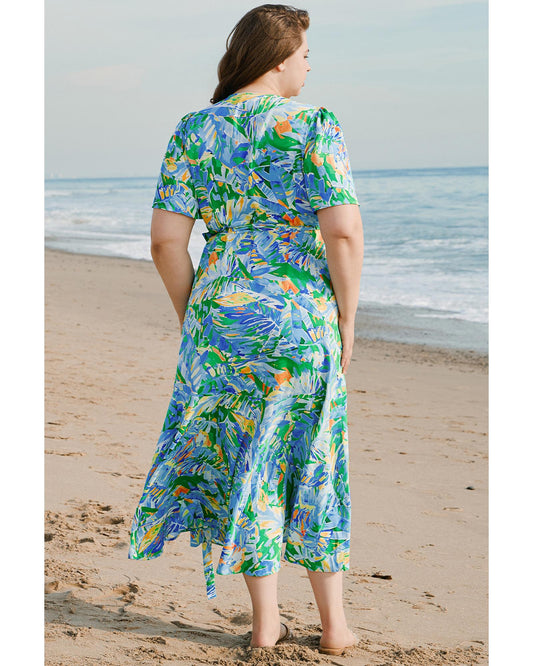Green Leaves Print Short Sleeve Surplice Neck Ruffled Trim Plus Size Maxi Dress - 1X