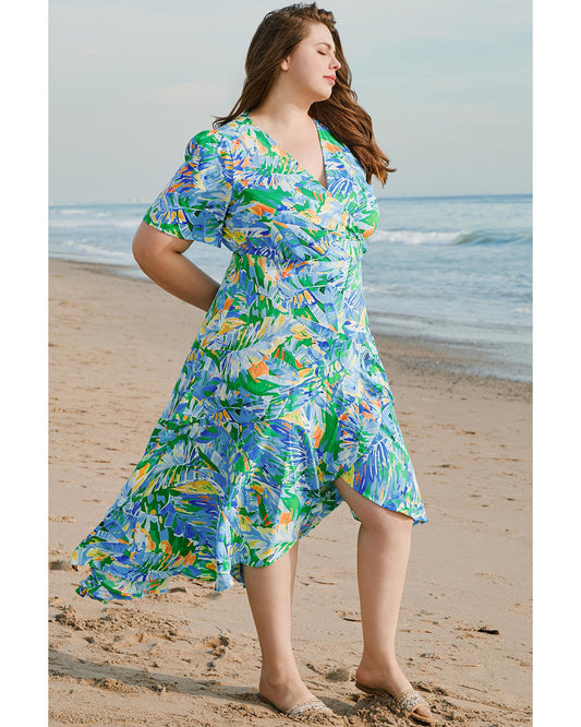 Green Leaves Print Short Sleeve Surplice Neck Ruffled Trim Plus Size Maxi Dress - 1X