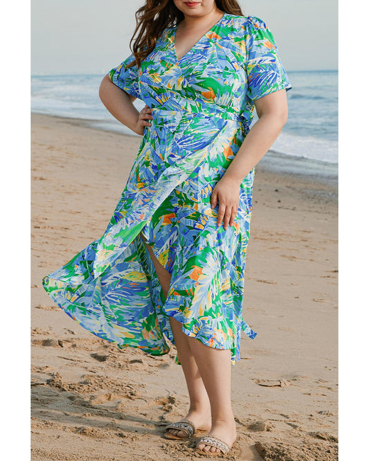 Green Leaves Print Short Sleeve Surplice Neck Ruffled Trim Plus Size Maxi Dress - 1X