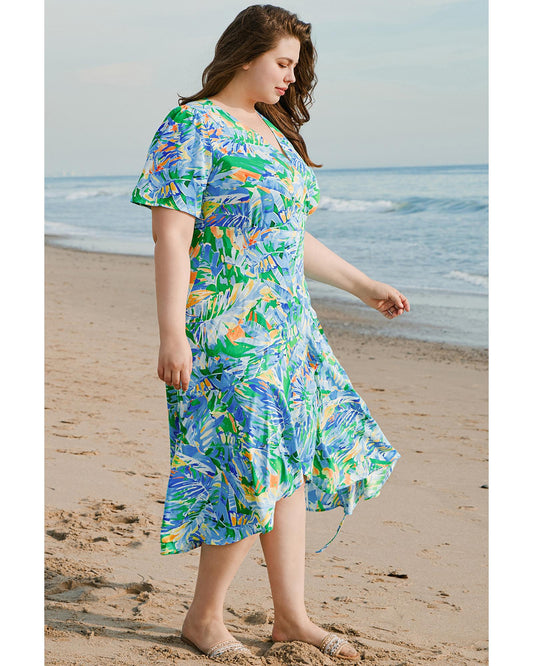 Green Leaves Print Short Sleeve Surplice Neck Ruffled Trim Plus Size Maxi Dress - 4X