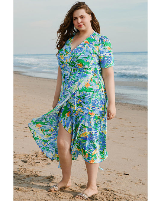 Green Leaves Print Short Sleeve Surplice Neck Ruffled Trim Plus Size Maxi Dress - 4X