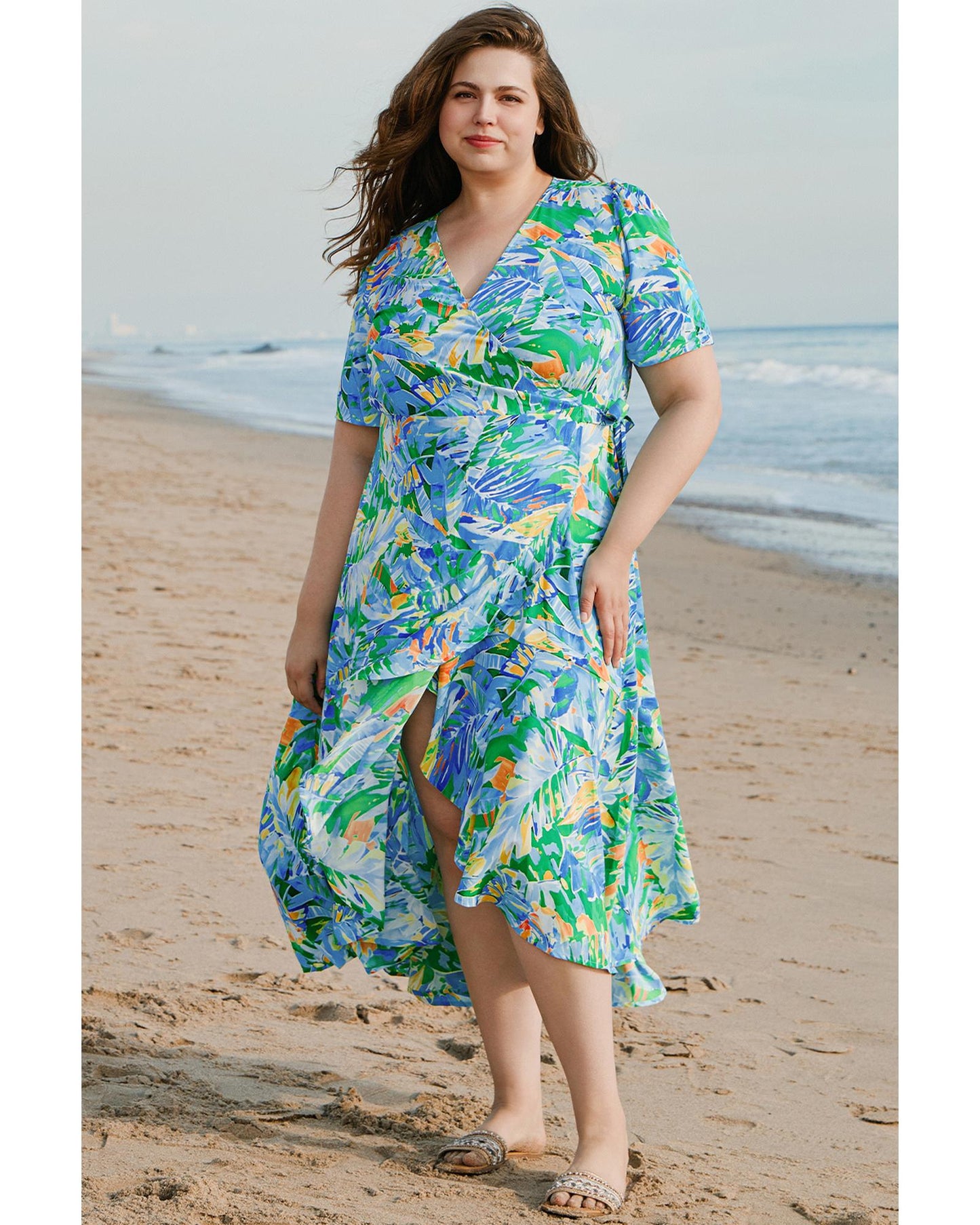 Green Leaves Print Short Sleeve Surplice Neck Ruffled Trim Plus Size Maxi Dress - 4X