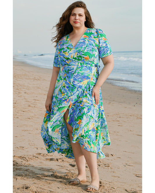 Green Leaves Print Short Sleeve Surplice Neck Ruffled Trim Plus Size Maxi Dress - 4X