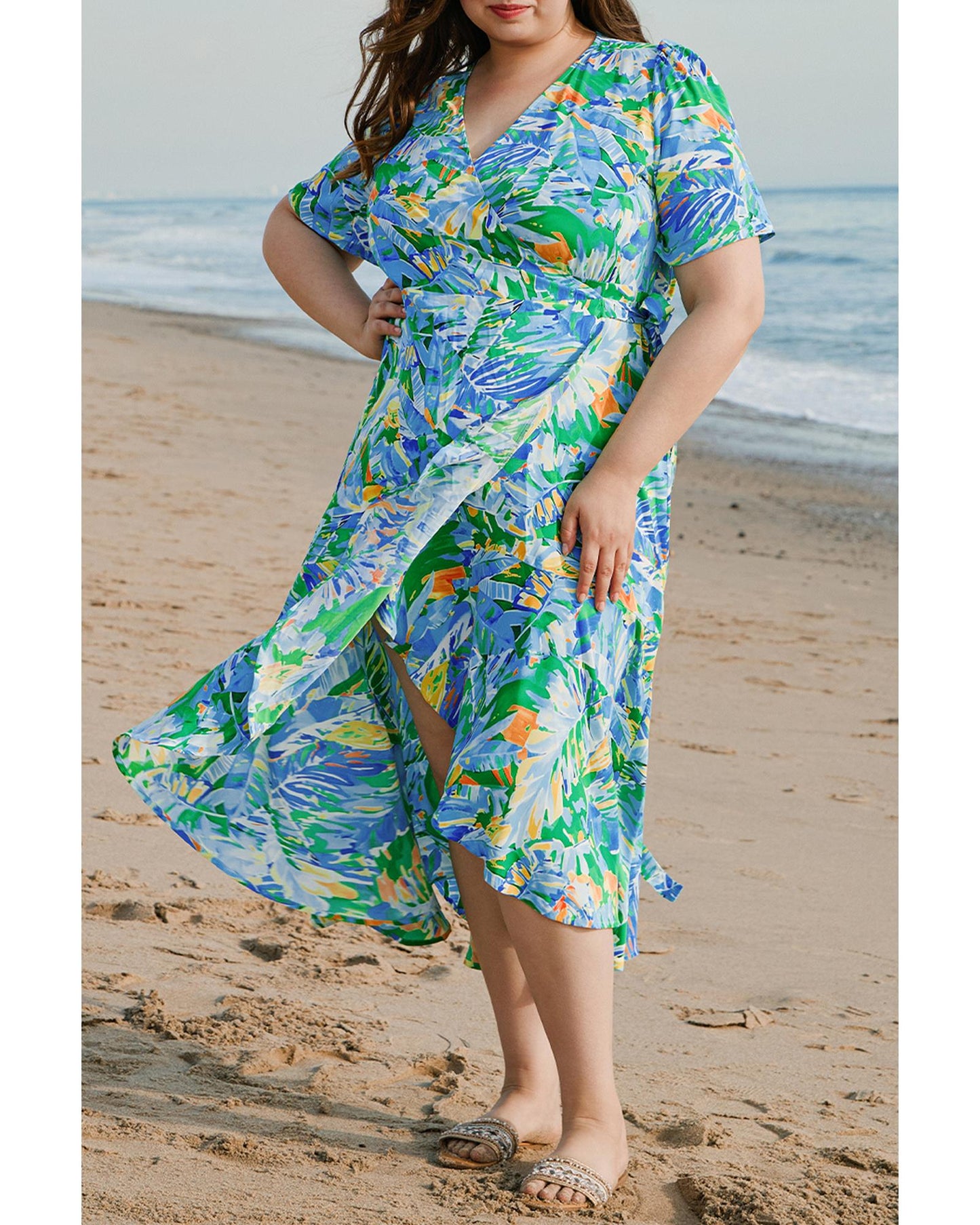 Green Leaves Print Short Sleeve Surplice Neck Ruffled Trim Plus Size Maxi Dress - 4X