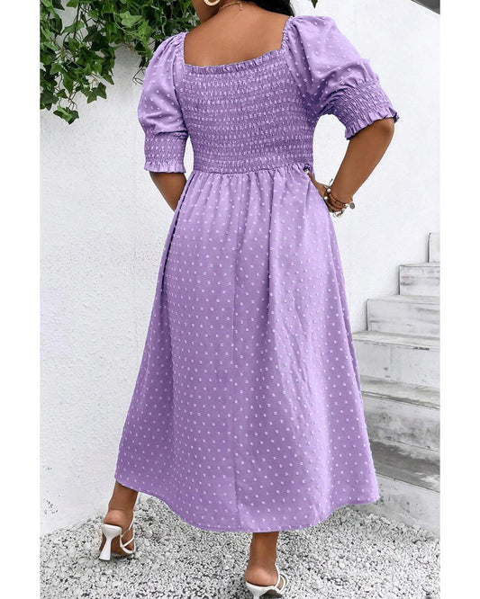 Wisteria Swiss Dot Smocked Frilled Neckline Short Sleeve Plus Size Dress - 1X
