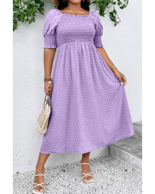 Wisteria Swiss Dot Smocked Frilled Neckline Short Sleeve Plus Size Dress - 1X