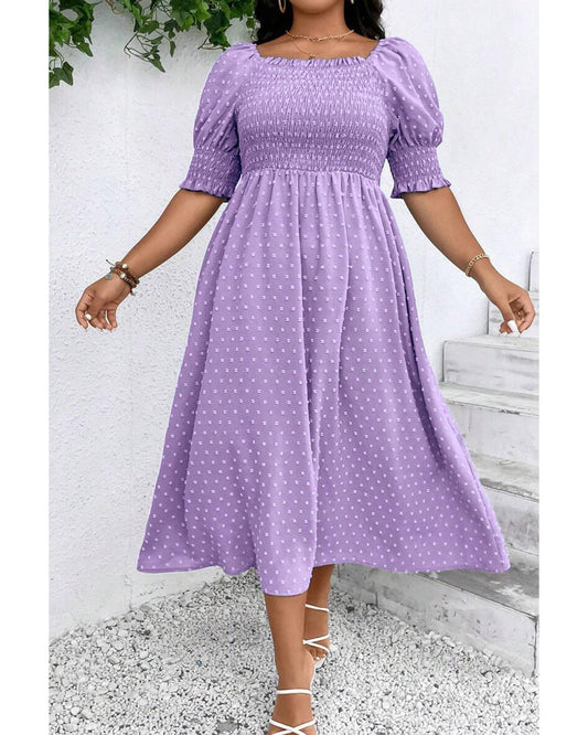 Wisteria Swiss Dot Smocked Frilled Neckline Short Sleeve Plus Size Dress - 1X