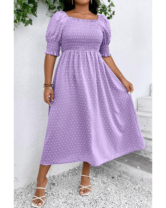 Wisteria Swiss Dot Smocked Frilled Neckline Short Sleeve Plus Size Dress - 1X