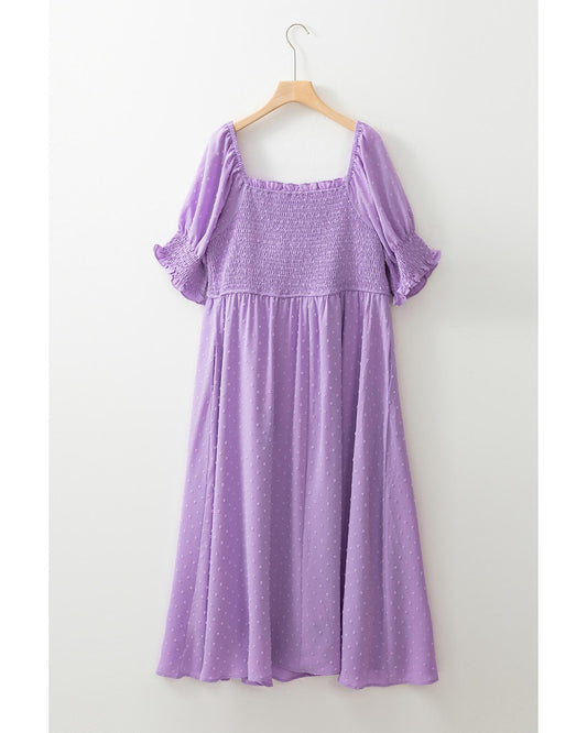 Wisteria Swiss Dot Smocked Frilled Neckline Short Sleeve Plus Size Dress - 1X