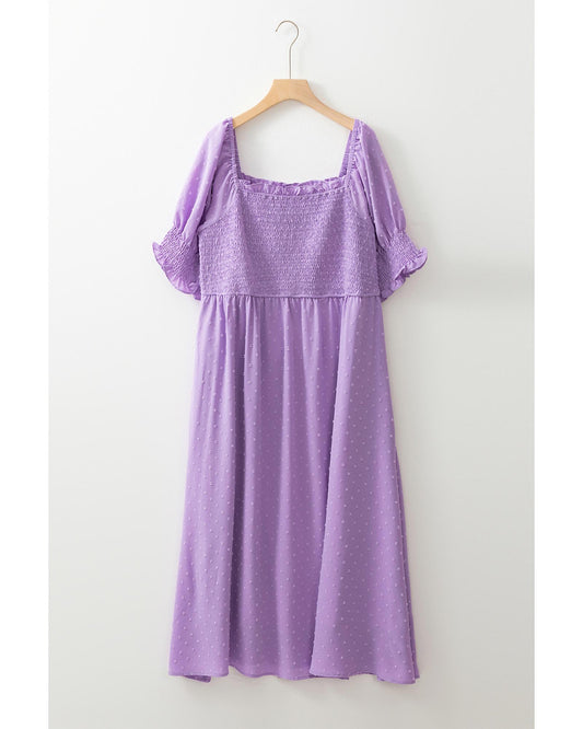 Wisteria Swiss Dot Smocked Frilled Neckline Short Sleeve Plus Size Dress - 1X