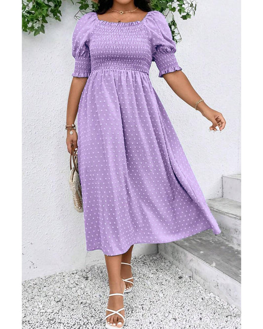 Wisteria Swiss Dot Smocked Frilled Neckline Short Sleeve Plus Size Dress - 2X