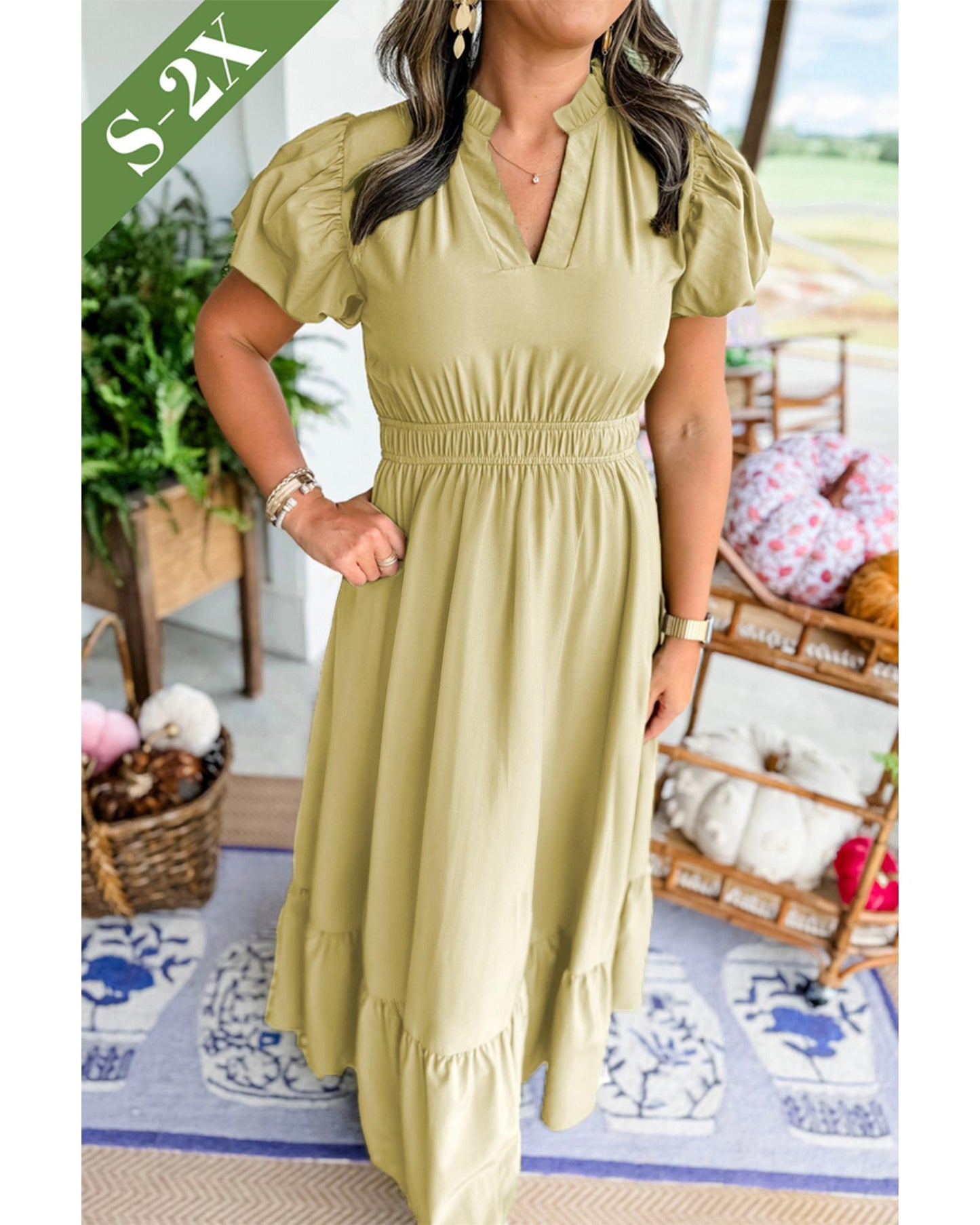 PLUS SIZE Notched V Neck Puff Sleeve Tiered Maxi Dress